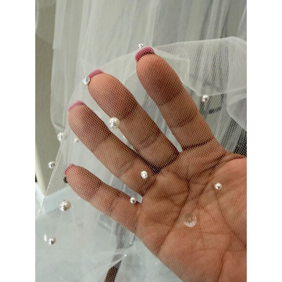 Handmade White Floral Bridal Veil With Pearl Embellishments Lace Crown & Tulle L main image 14